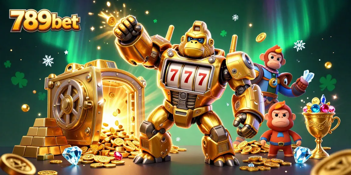Join the action with 789bet's animated golden gorilla mech smashing jackpots amidst shiny treasures.