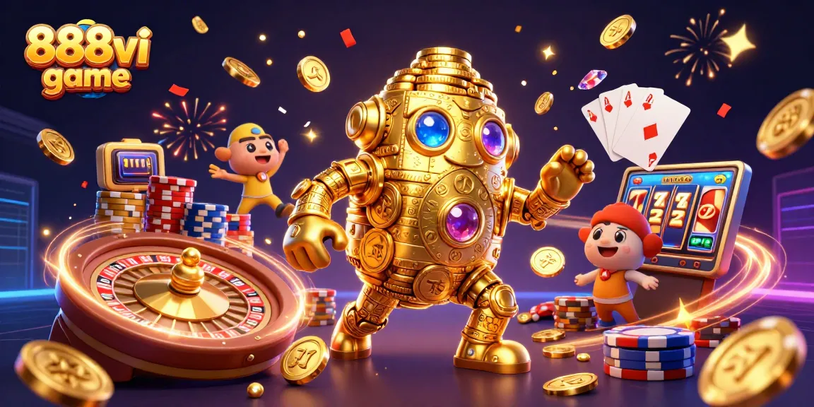 Experience the excitement of 888vi game with a vibrant illustration of casino elements and characters.