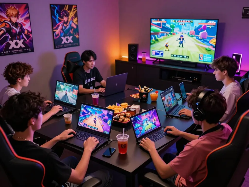 Group of friends enjoying xxx games in a vibrant gaming lounge with multiple devices.