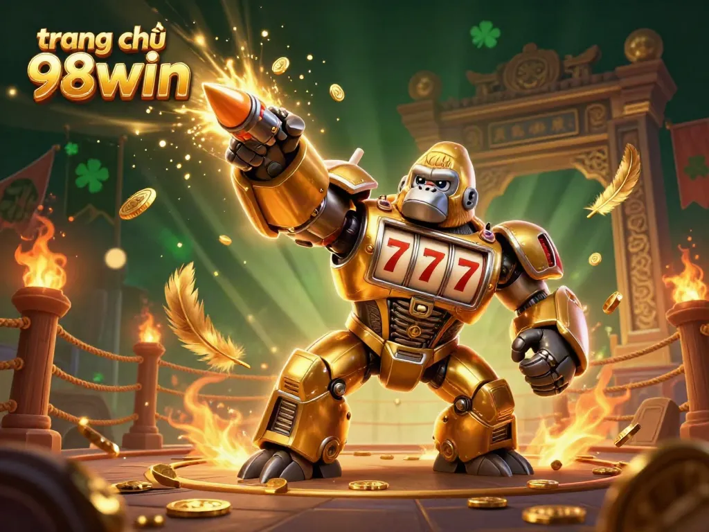 Engage with thrilling action at trang chủ 98win featuring a golden gorilla mech, explosive coins, and vibrant gambling elements.