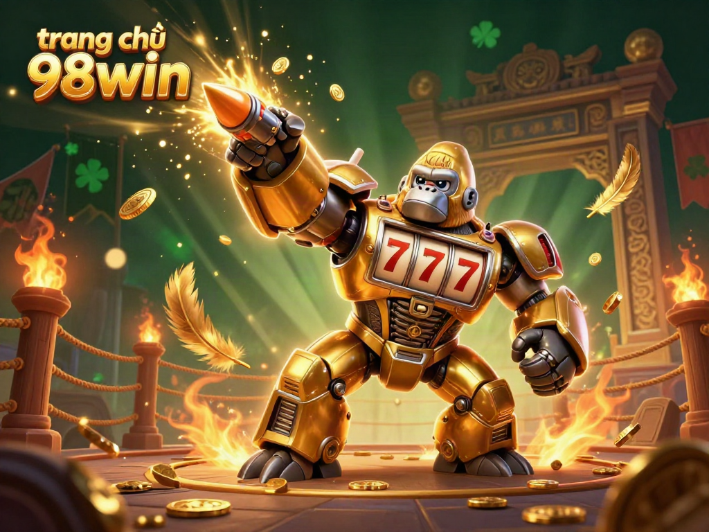 Engage with thrilling action at trang chủ 98win featuring a golden gorilla mech, explosive coins, and vibrant gambling elements.