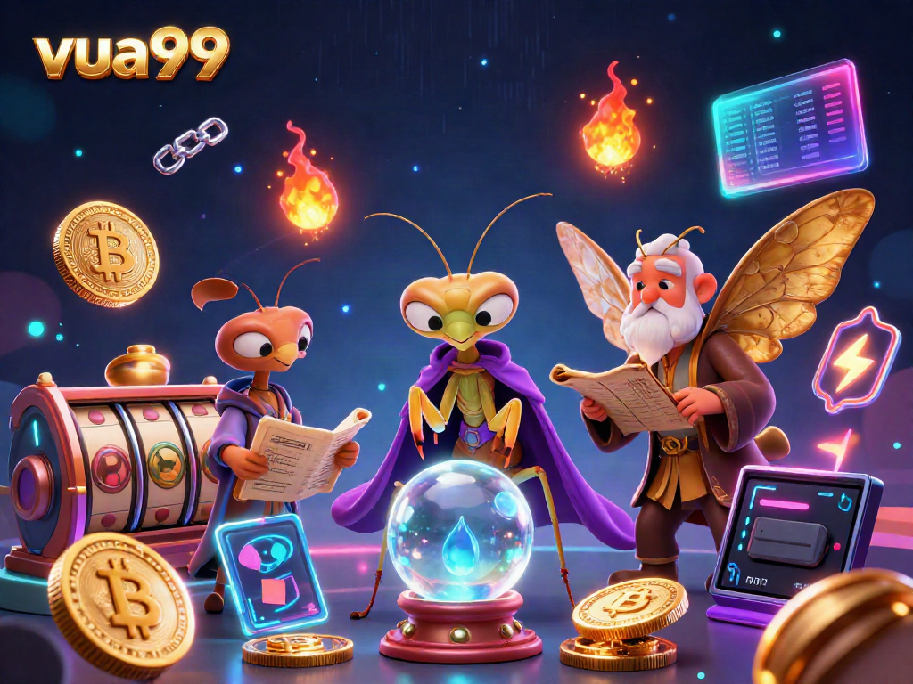 Play slots and win big at vua99 with a mystical 3D scene featuring fortune teller and librarian.