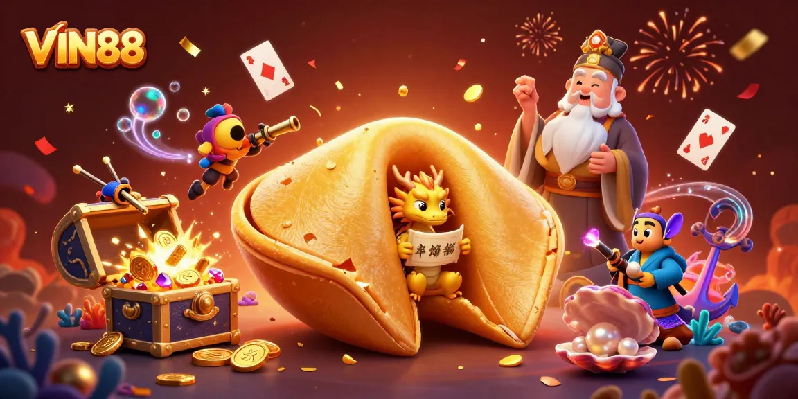 VIN88 unveils a vibrant 3D casino scene with a golden fortune cookie and dragon, embodying luck and winning.