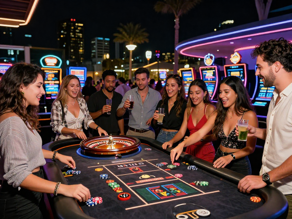 Giocatori coinvolti in una scena di festa in un casinò non AAMS, giochi e luci vivaci.