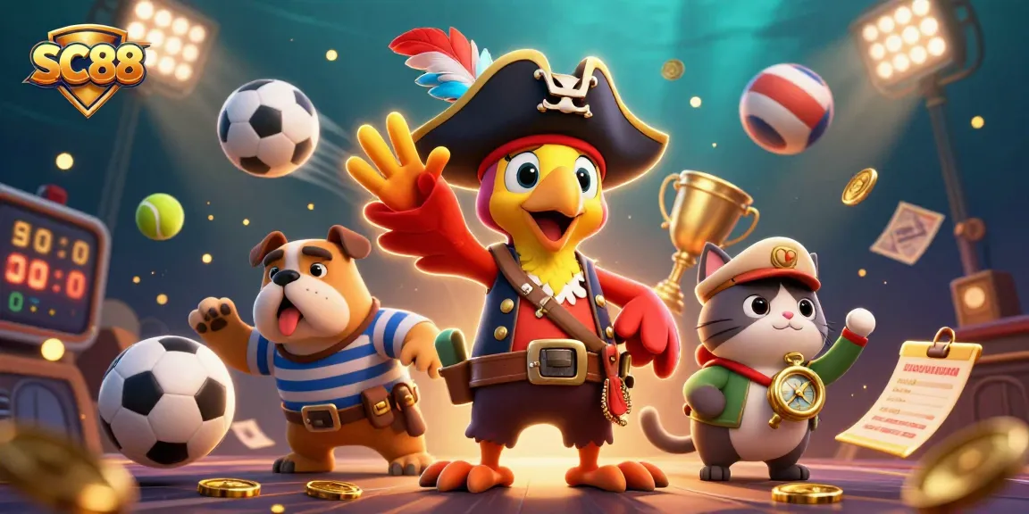 Engage with SC88 sports betting insights featuring cartoon pirate captain among dynamic balls and betting elements.