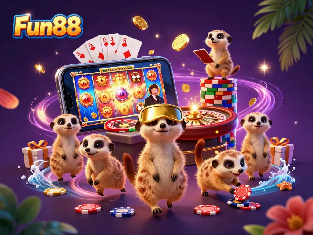 Experience thrilling action with Fun88 as meerkats manage casino games amidst vibrant colors.