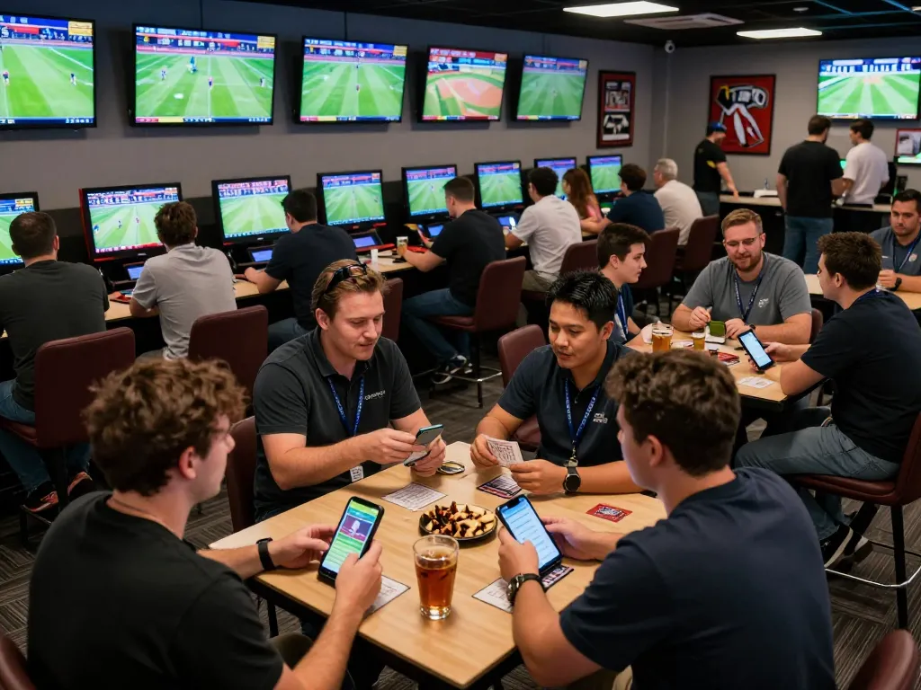 Betting excitement at 78WINCOM sports lounge with friends placing bets and watching live events