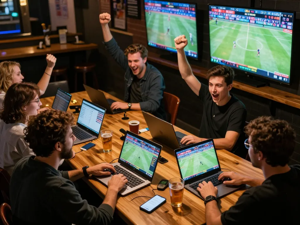 Engaging sports betting scene at a lively bar analyzing statistics together while discussing strategies for link sc88.