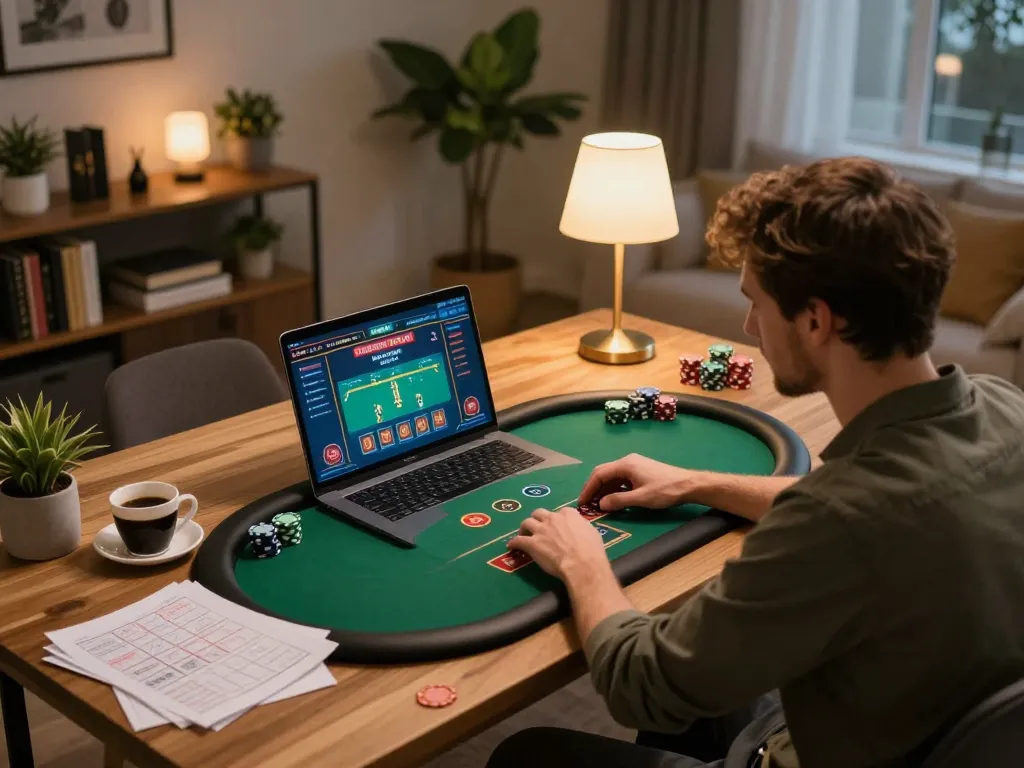Engaged player at home gaming online with 789 casino poker interface visible on laptop