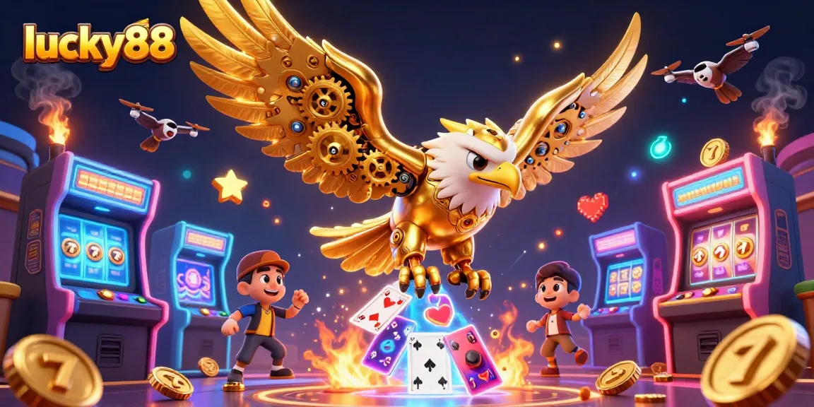 Engage with lucky88 casino excitement through vibrant slots and iconic symbols in this 3D illustration.