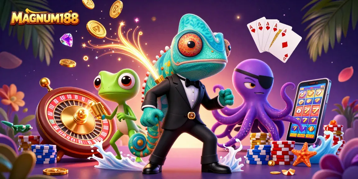 Experience MAGNUM188 betting excitement with a colorful clash of characters and casino elements.