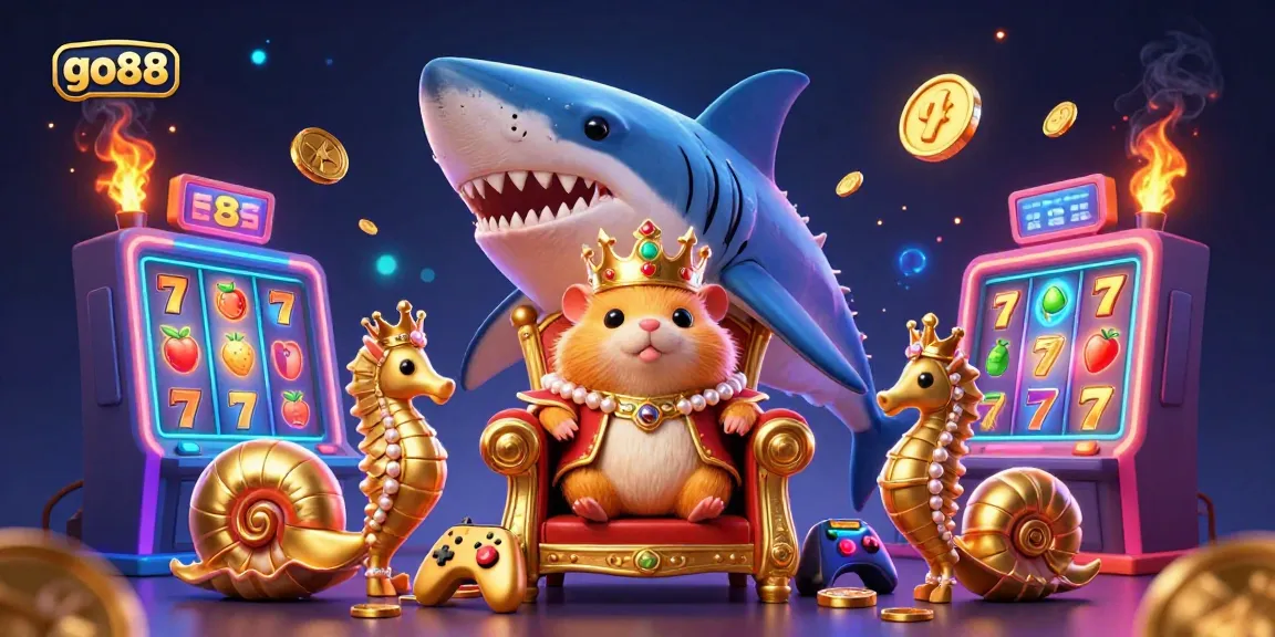 Engage with go88's vibrant casino atmosphere showcasing a golden hamster king, slot machines, and sparkling elements.