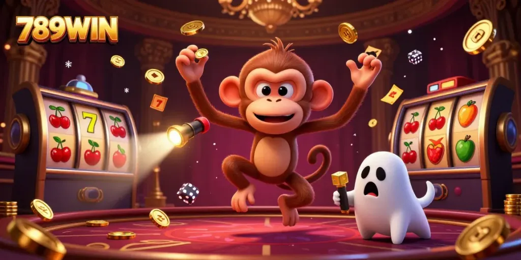 Engaging 789WIN casino scene showing a poltergeist monkey juggling gold, with a curious puppy tracking it.
