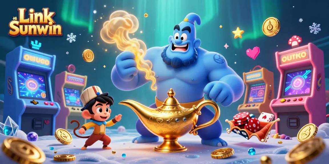 Engage with Link Sunwin in this vibrant scene featuring a blue genie, monkey, and poker elements.