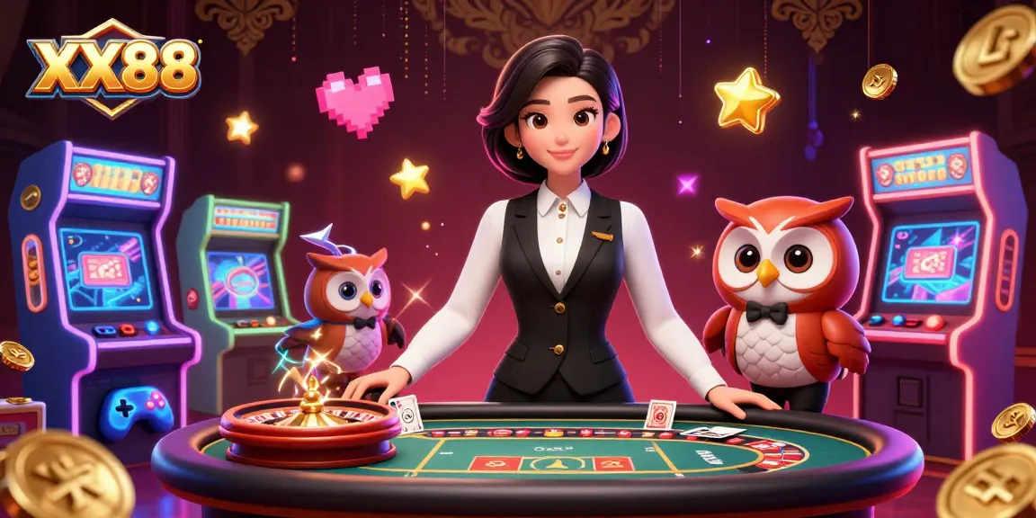 Engage with the thrilling world of XX88 casino featuring a captivating dealer scene.