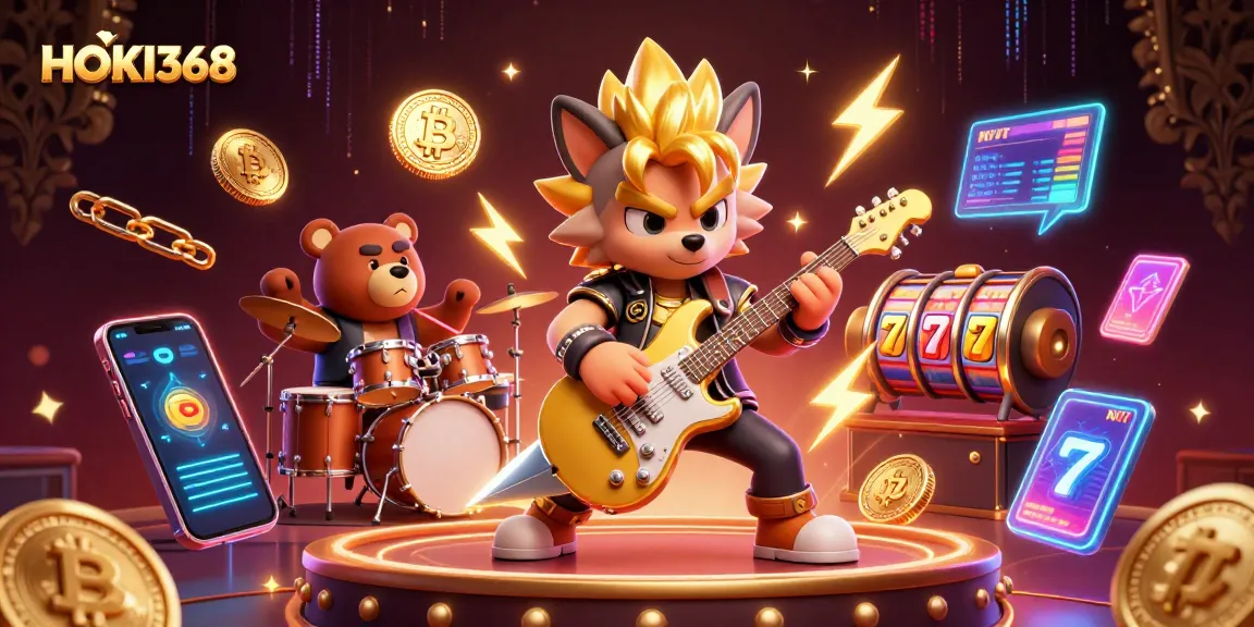 Engage with the vibrant HOKI368 casino scene featuring a rock star wolf and drummer bear amidst crypto elements.