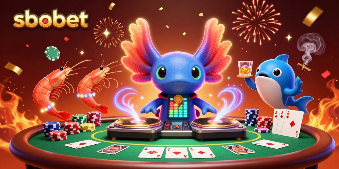 SBOBET offers thrilling poker gaming experiences with vibrant characters in a festive casino scene.