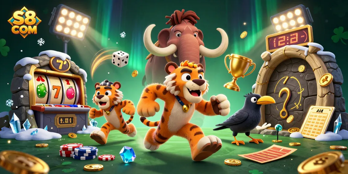 S8 COM showcases a prehistoric casino scene with a sabertooth tiger duo, game elements, and vibrant dynamics.
