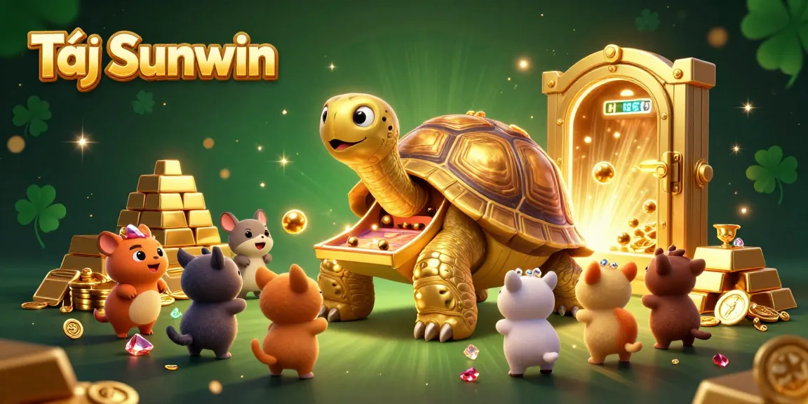 Tải Sunwin features a golden tortoise pinball machine surrounded by treasures and small animals enjoying the game.