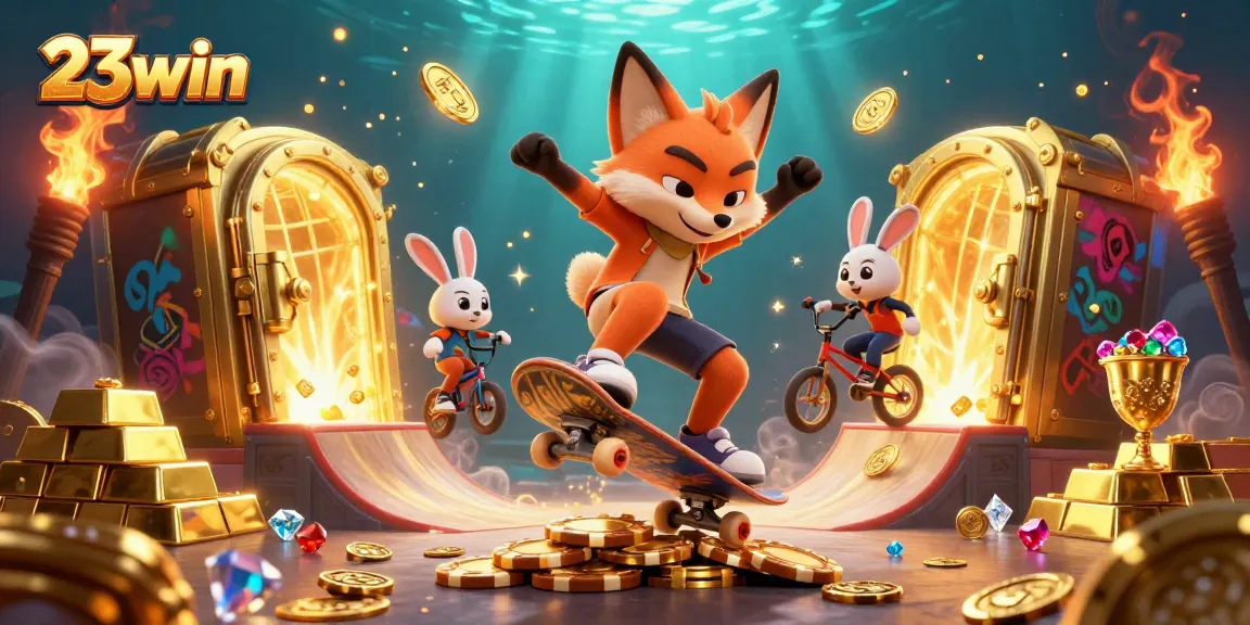 Experience the thrill of 23win with a dynamic scene featuring casino characters and golden treasures.