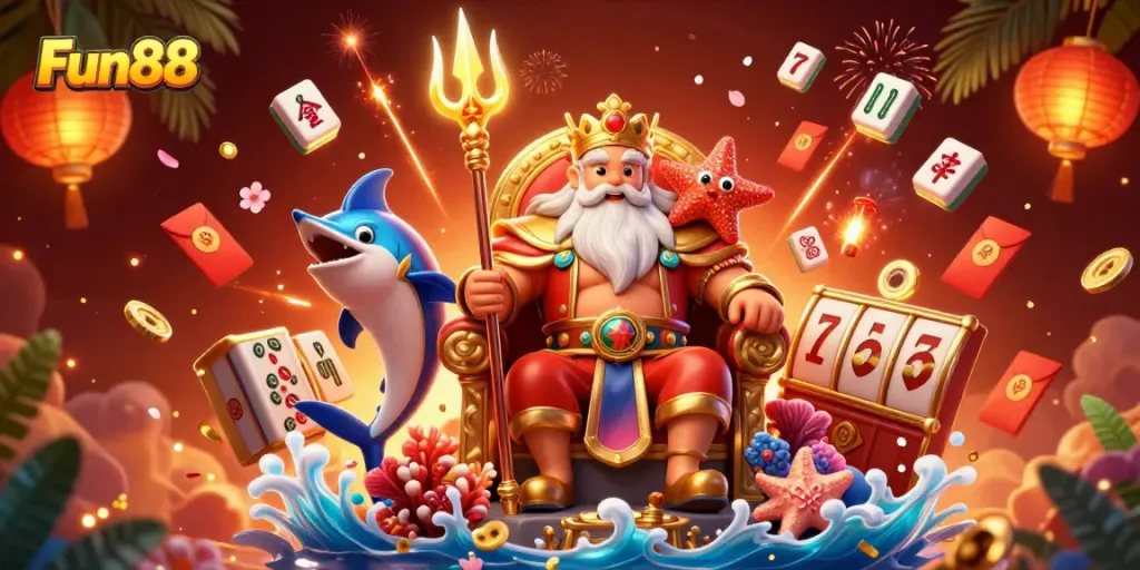 Experience thrilling gaming with Fun88; an energetic casino scene featuring Neptune, vibrant symbols, and a festive atmosphere.