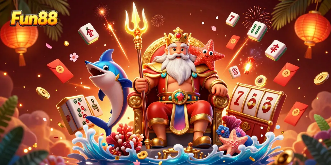 Experience thrilling gaming with Fun88; an energetic casino scene featuring Neptune, vibrant symbols, and a festive atmosphere.