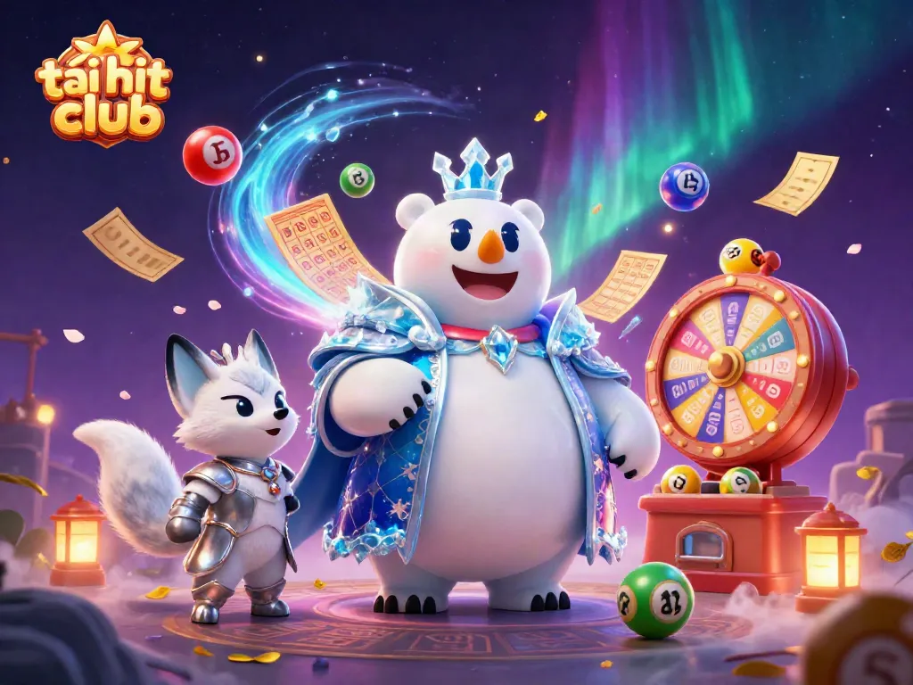 Experience excitement with tải hit club, featuring a colorful lottery scene with a polar bear and fox.