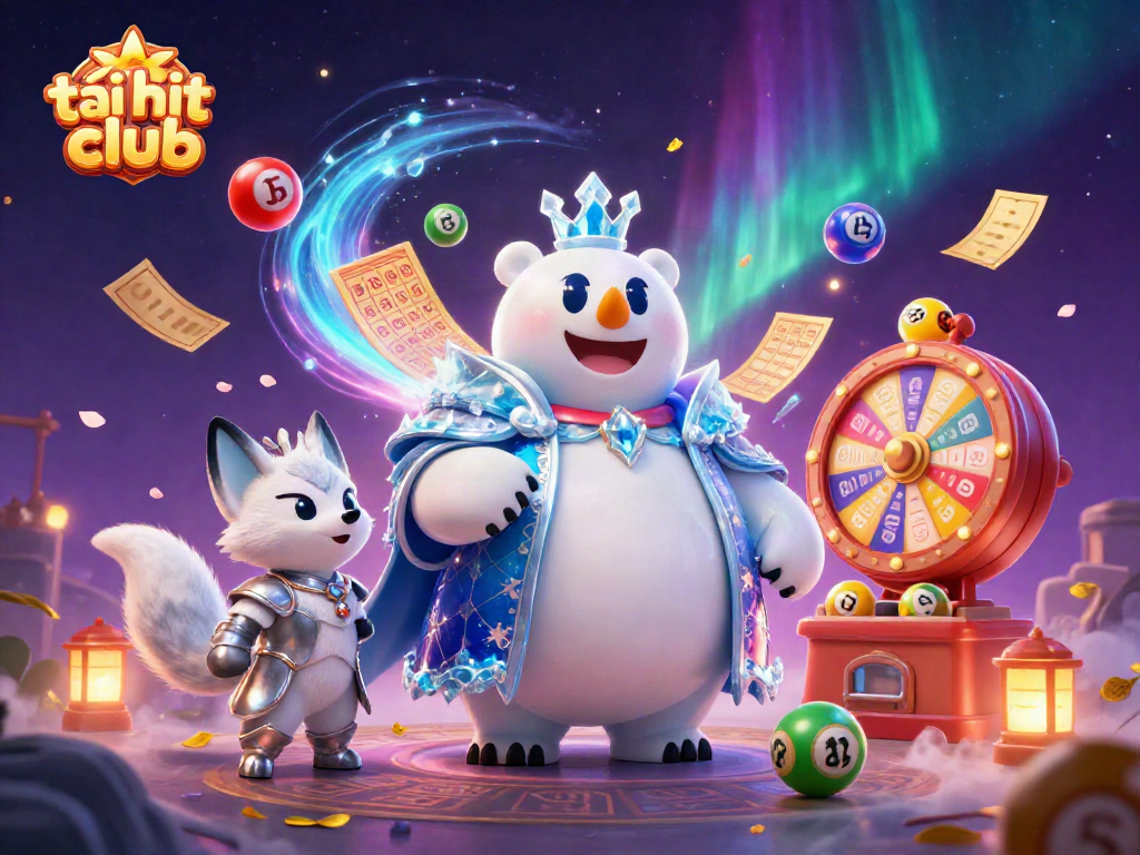 Experience excitement with tải hit club, featuring a colorful lottery scene with a polar bear and fox.