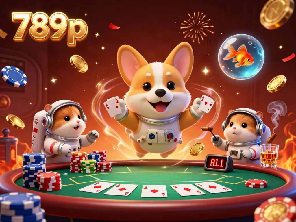 Experience lively gameplay with 789p as an astronaut corgi and friends float in a whimsical casino setting.
