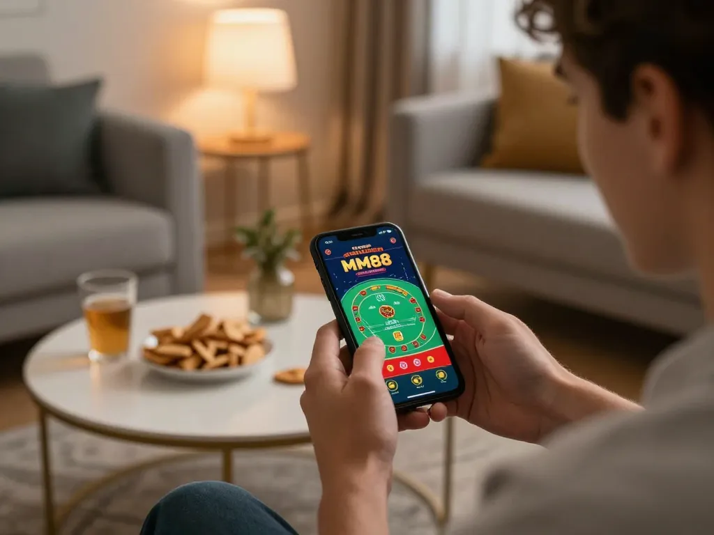 MM88 player enjoying live dealer game on smartphone in cozy home.