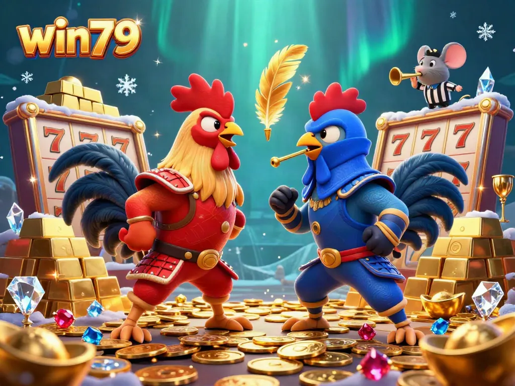 win79 engagement with vibrant cartoon fighting roosters and golden treasures in a casino scene