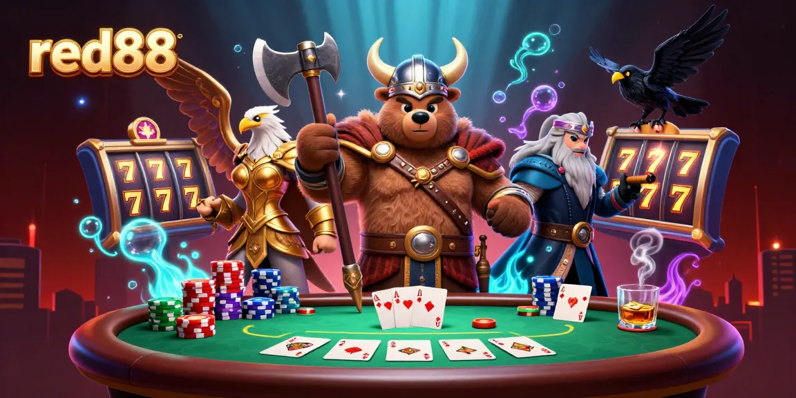 Join the action at red88 with a Viking bear, Valkyrie eagle, and poker elements in this vibrant casino scene.
