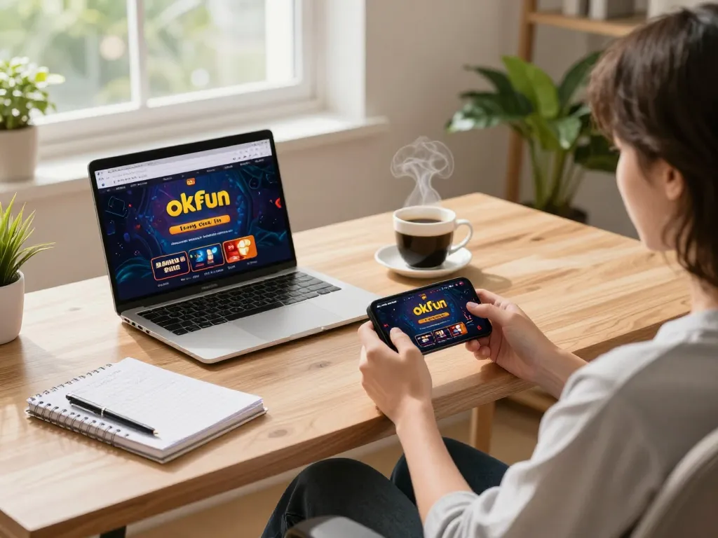 Enjoying thrilling gameplay on trang chủ okfun through a smartphone in a modern home setting