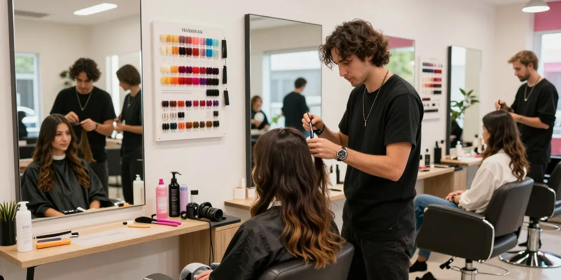 Stylish hair salon scene showcasing the latest hair style trend with vibrant hair extensions.