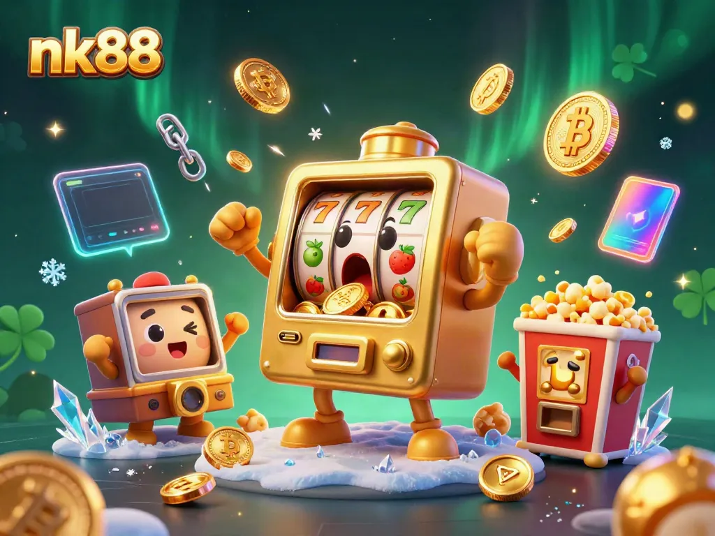 Hit the jackpot with nk88, a golden slot machine celebrating as coins pour, surrounded by cheering baby slots.