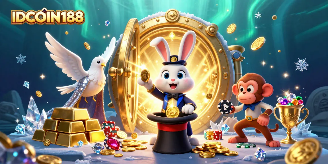 IDCOIN188 captivates players with a magical scene featuring a rabbit, dove, and monkey amidst casino treasures.