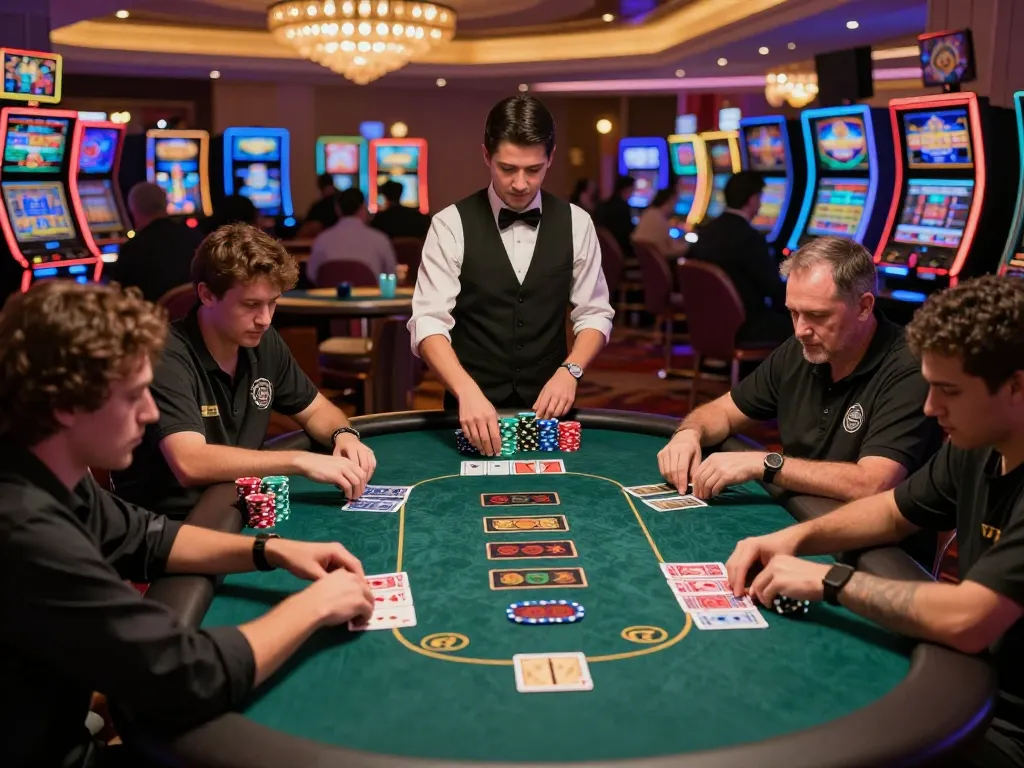 Play poker at an exciting casino table scene showcasing diverse players, vibrant action, and strategic gameplay at https://tr88.bio/.
