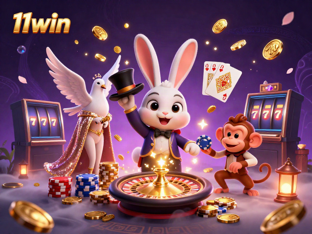 Experience the enchanting world of 11win with a magician rabbit, sparkling coins, and colorful casino elements.