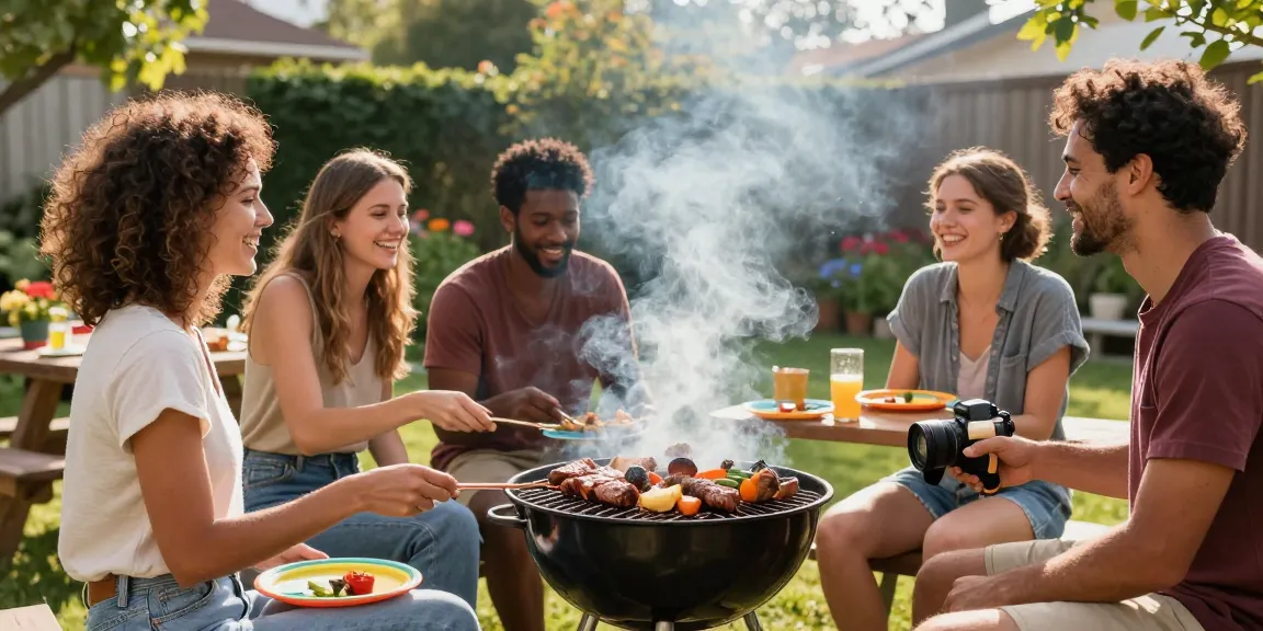 Teman-teman menikmati barbekyu di halaman belakang, dengan hidangan enak dan suasana ceria - BOS 88.