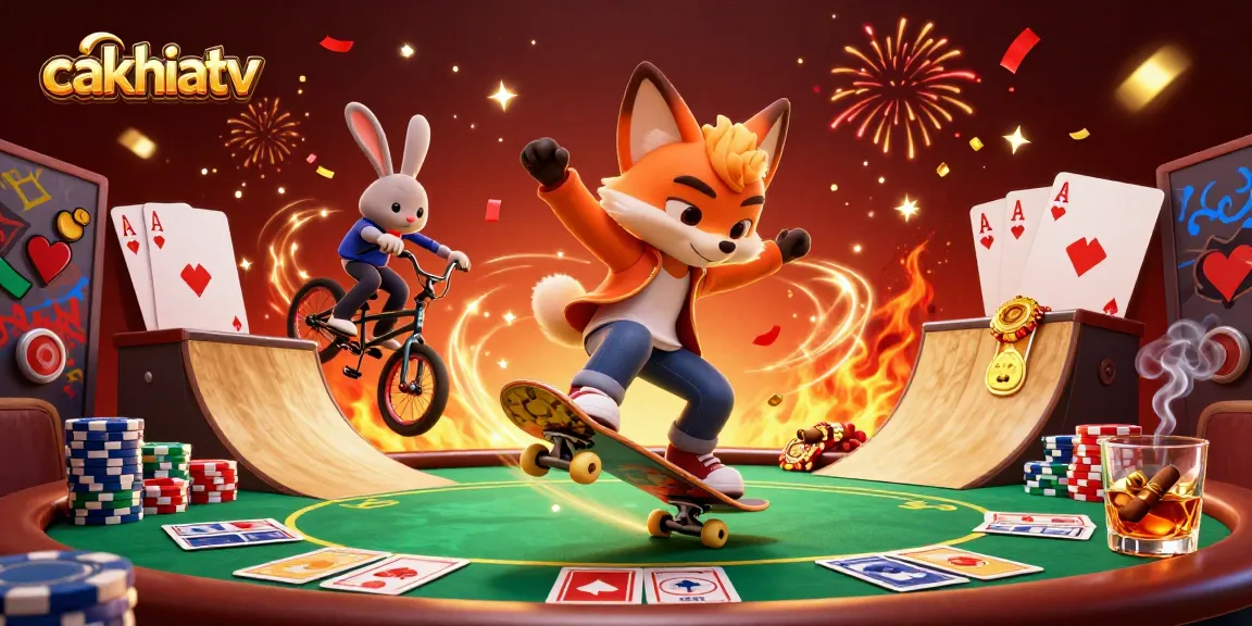 CakhiaTV showcases an exciting 3D spectacle of fox and rabbit characters performing dynamic tricks amidst vibrant casino elements.