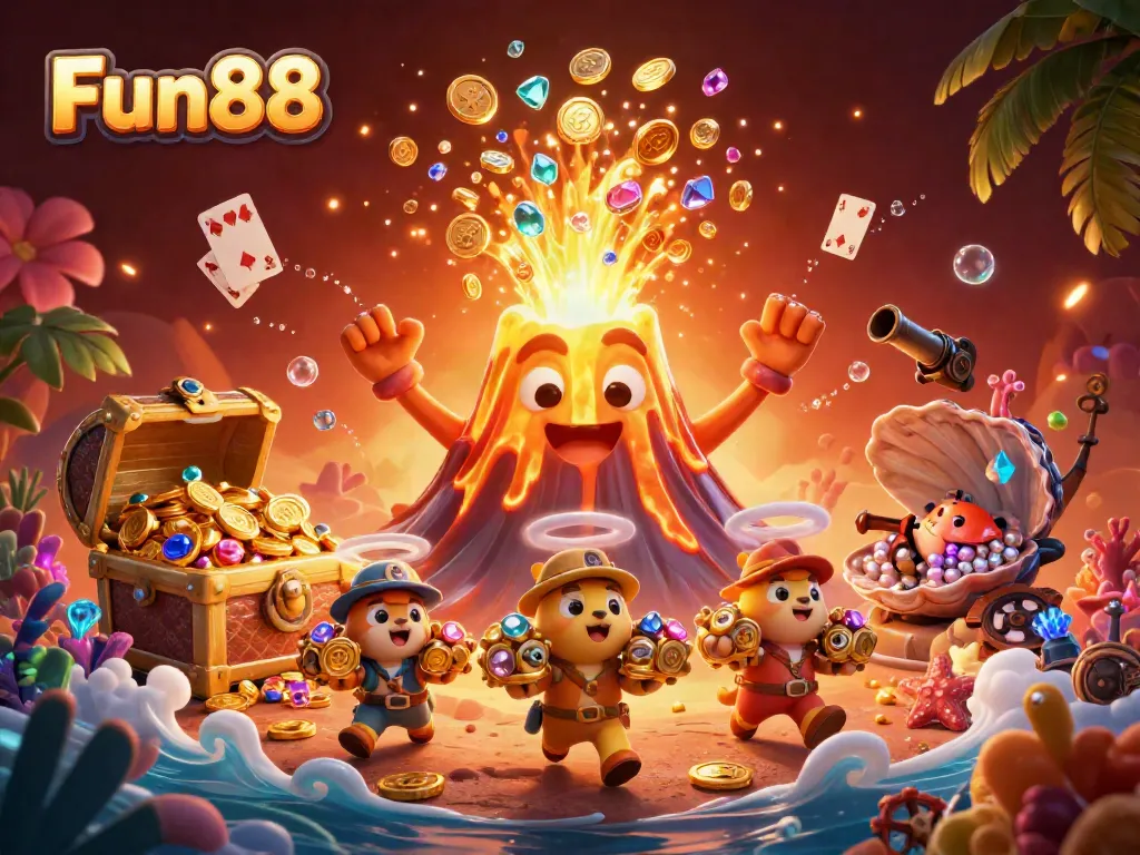 Experience the vibrant thrill of Fun88 with a triumphant volcano and treasure-filled adventure in this dynamic scene.