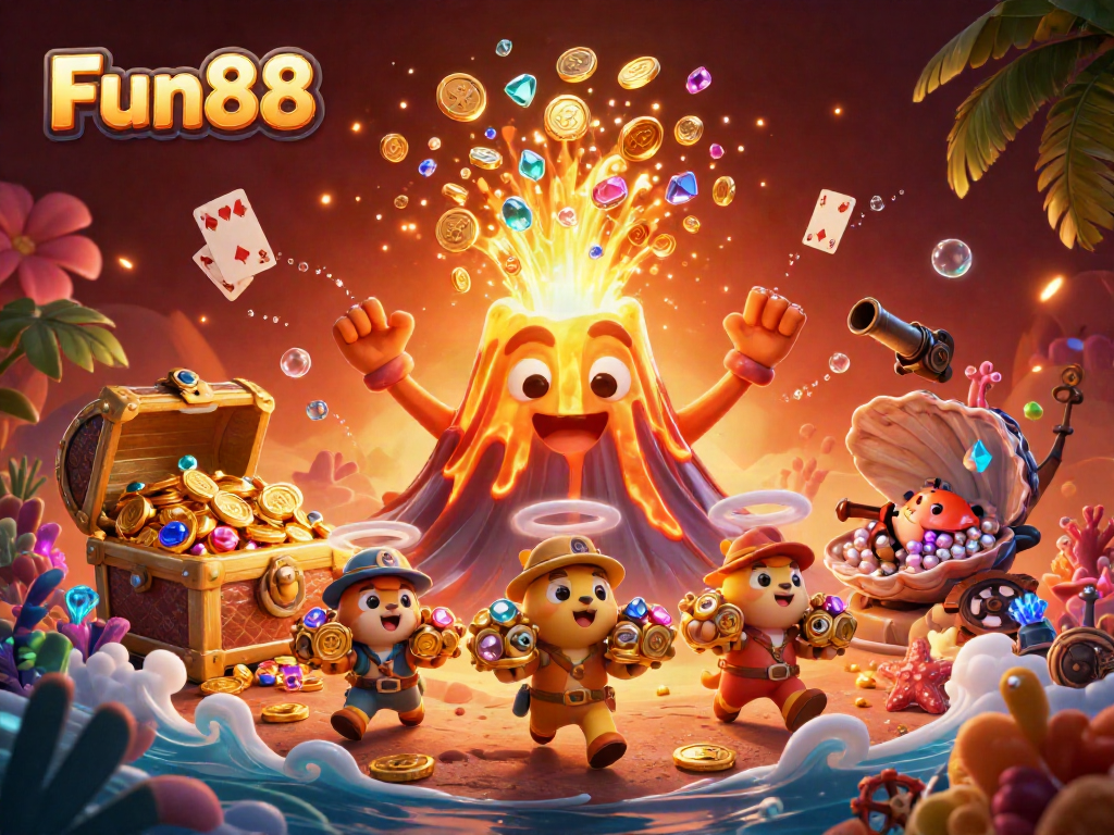 Experience the vibrant thrill of Fun88 with a triumphant volcano and treasure-filled adventure in this dynamic scene.