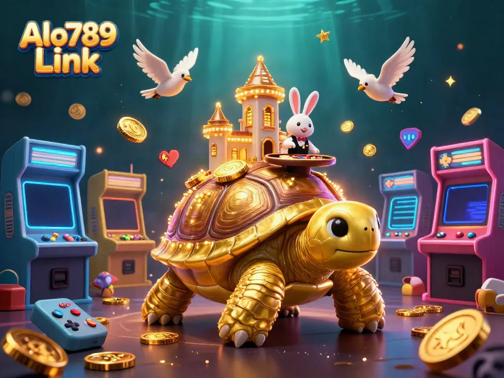 Bet on exciting games at Alo789 Link with the vibrant 3D casino illustration featuring a tortoise and a rabbit dealer.