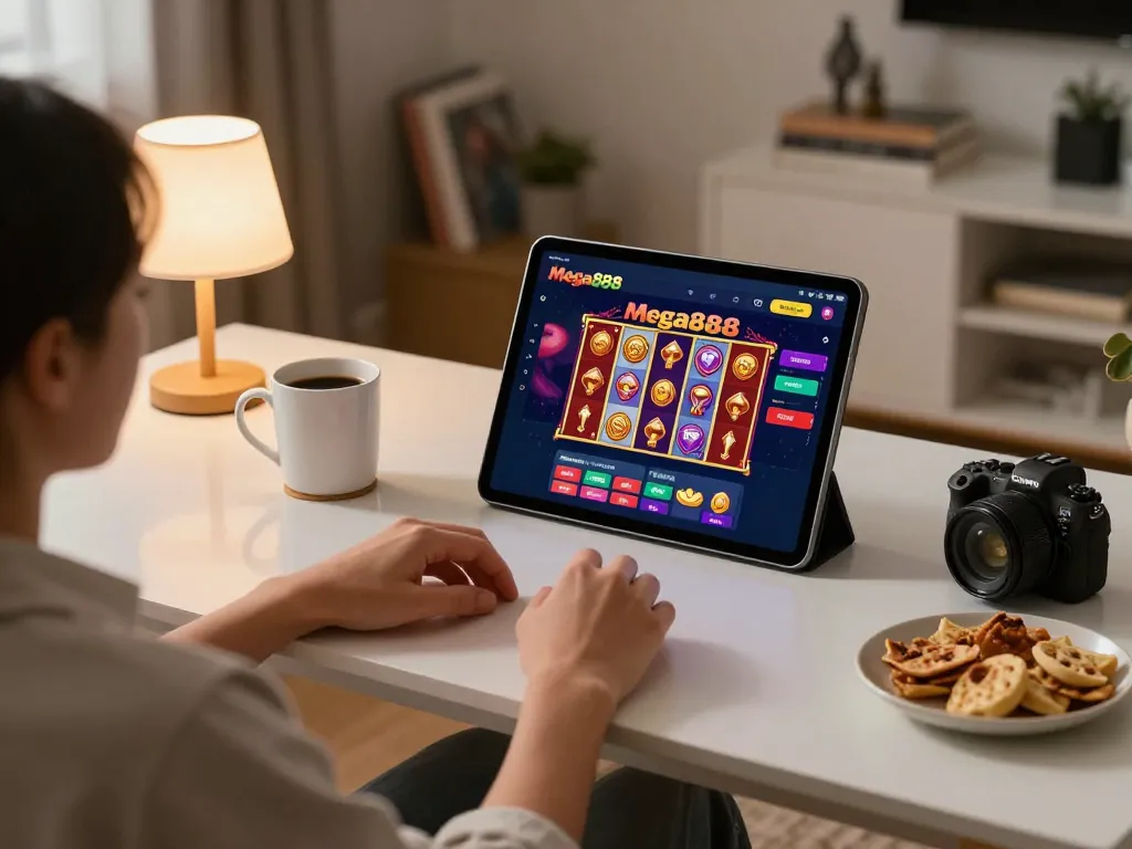 Download Mega888 apk on a cozy home tablet setup showcasing a vibrant gaming interface