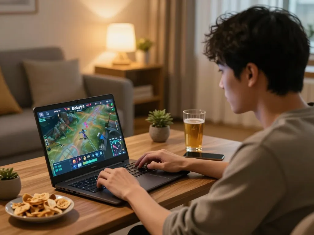 Login Boba99 di laptop selama sesi permainan online dalam suasana yang nyaman