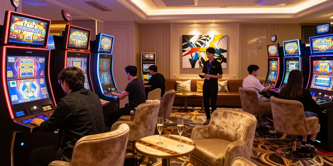 Pengalaman bermain LUXURY777 di lounge permainan mewah dengan mesin slot dan dekorasi elegan.