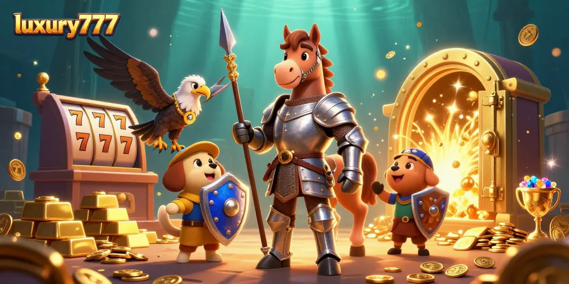 Spin and win with luxury777's vibrant slots scene, featuring a knight and treasure.