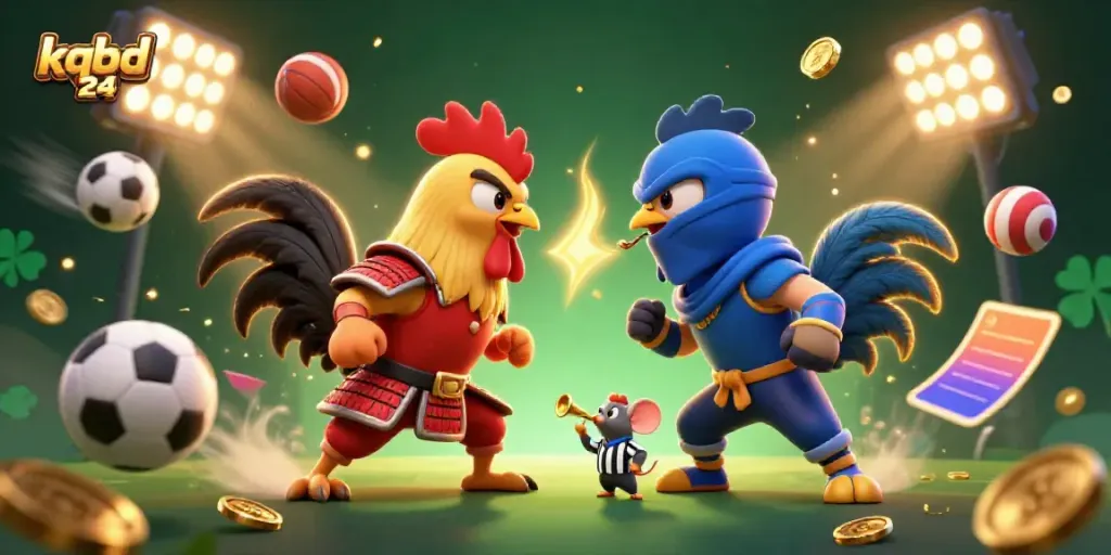Engage with dynamic sports action in kqbd 24 featuring twin fighting roosters with gold accents.