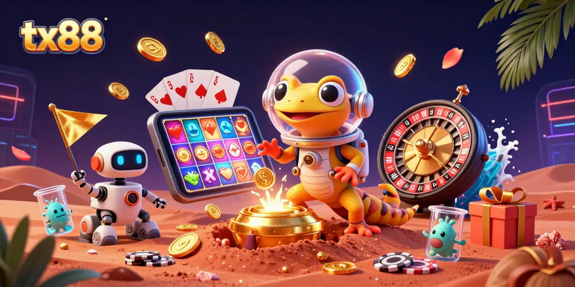 Exciting tx88 gaming scene with a Martian gecko discovering a golden casino nestled in red Mars sand.