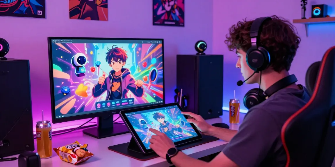 Engaging with AI ecchi chat character on a touchscreen tablet in a colorful workspace.